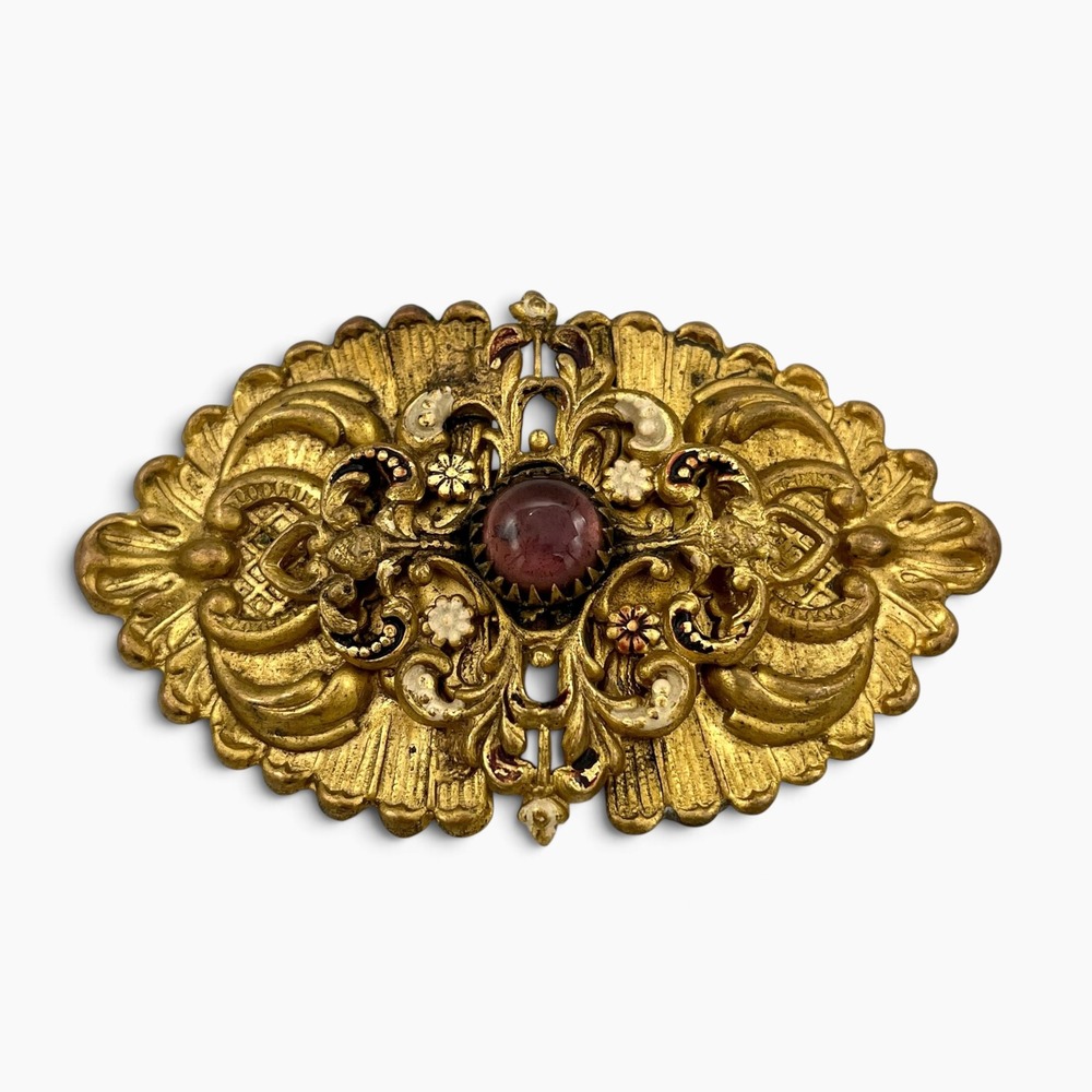 Ornate Gold Tone Two Piece Belt Buckle Purple Cabochon Victorian Revival